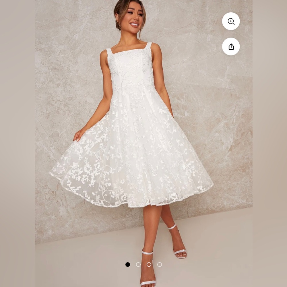 NWT Bridal Sleeveless Square Neck Lace Midi Dress in White - Size US 2